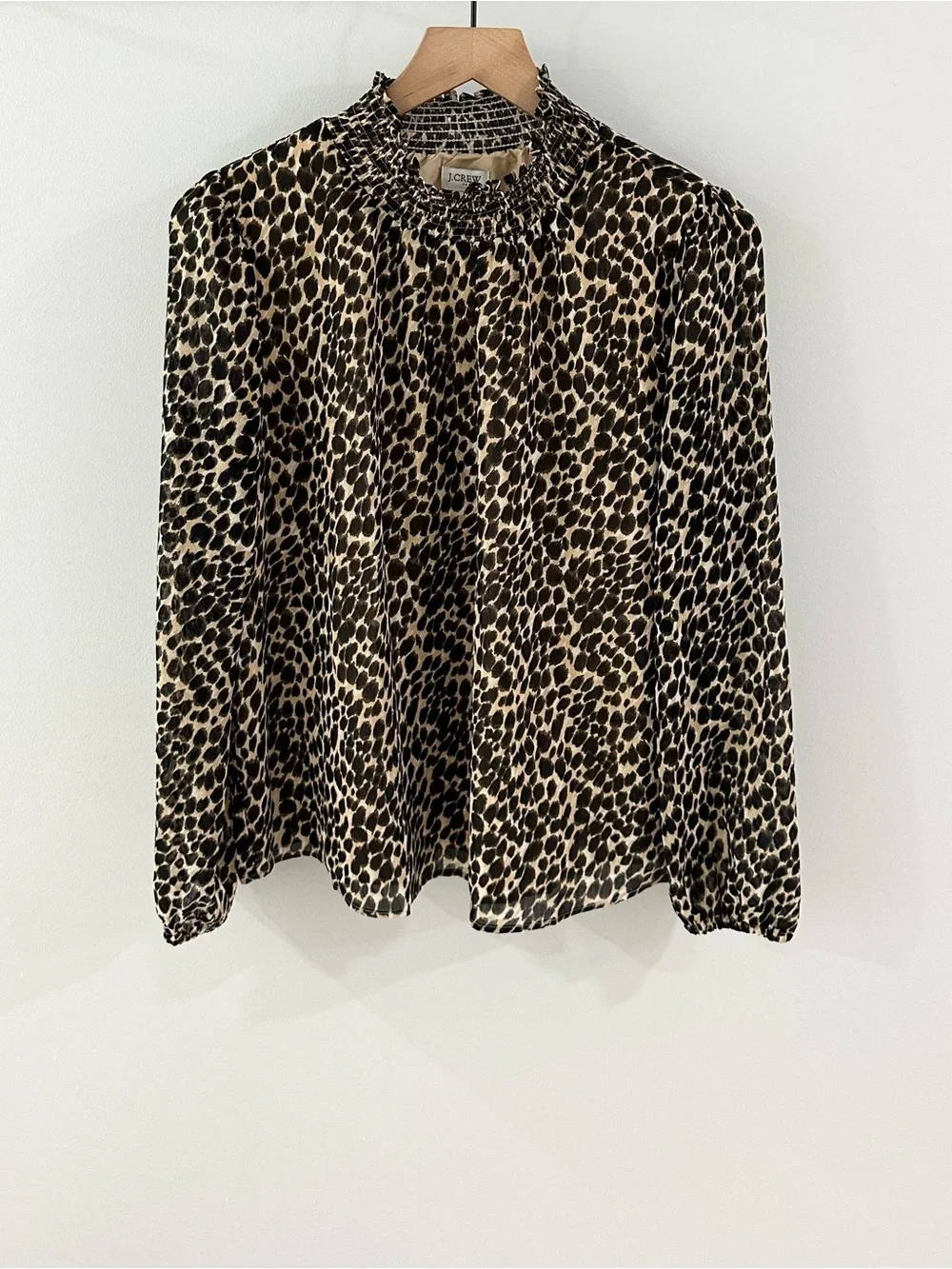J. Crew Smocked Neck Leopard Print Blouse // Brown // Small